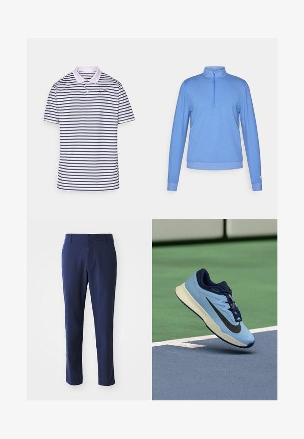 Svetlo modra puloverica iz nežne, teksturirane tkanine. Ima ovratnik s četrtinskim zadrgo in dolge rokave z oprijetimi manšetami. Nike logotip na rokavu.; Polo majica s prugicami v beli in mornarski modri, narejena iz mešanice bombaža. Ima ovratnik, dve gumbki in majhen črn Nike logotip na prsih.; Navy modri hlače s tesnim krojem, izdelane iz gladkega materiala, z ravnim sprednjim delom in standardnim pasom z zanki za pas.; Svetlo modra športna čevlja z mornarsko modrimi poudarki, teksturirano mrežasto zgornjo plastjo in črnim logotipom Swoosh. Imajo oblazinjen srednji del in gumijast podplat.
