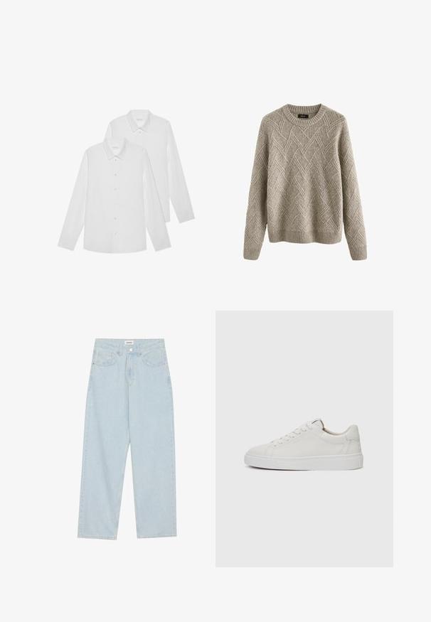Lichtbeige gebreide trui met een gestructureerd ruitpatroon, ronde halslijn en ribgebreide mouwen en zoom.; Twee witte overhemden met lange mouwen van gladde stof, met een klassieke kraag en een knoopsluiting aan de voorkant, met een gelijkmatige textuur.; Lichtblauwe wijde spijkerbroek van denim, met een middellange taille, vijf zakken en een knoopsluiting met een slanke metalen accent.; Witte leren lage sneakers met een ronde neus, platte witte rubberen zool en minimalistische stikseldetails. Veters vastgemaakt via zes oogjes.