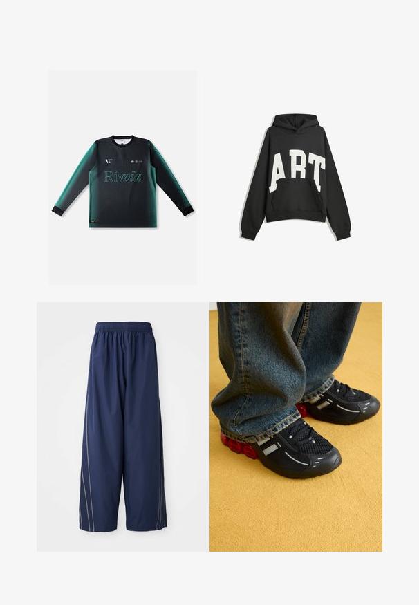 Black hoodie with white "ART" text. Features a front pocket, long sleeves, and a hood. Made of soft fabric with a relaxed fit.; Long-sleeve jersey in gradient black and teal, featuring a round neck, textured fabric, and "Rivvia" logo in light green on the front.; Navy blue, loose-fitting pants with an elastic waistband and side stripes in a lighter shade. Made of smooth, lightweight material.; Black athletic shoes with a mesh upper, glossy accents, and red cushioning at the sole, paired with blue denim jeans.