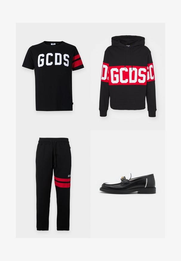 Black hoodie with a large red band featuring white block letters. Includes a drawstring hood and ribbed cuffs. Cotton blend material.; Black cotton t-shirt featuring large white "GCDS" logo, red striped accents on sleeves, crew neck design, and standard fit.; Black sweatpants with contrast red stripes and logo on the side. Features an elastic waistband with drawstring and tapered ankle cuffs.; Black leather loafer with a rounded toe, white accents, and gold hardware on the vamp. Features a textured patch and stacked heel.