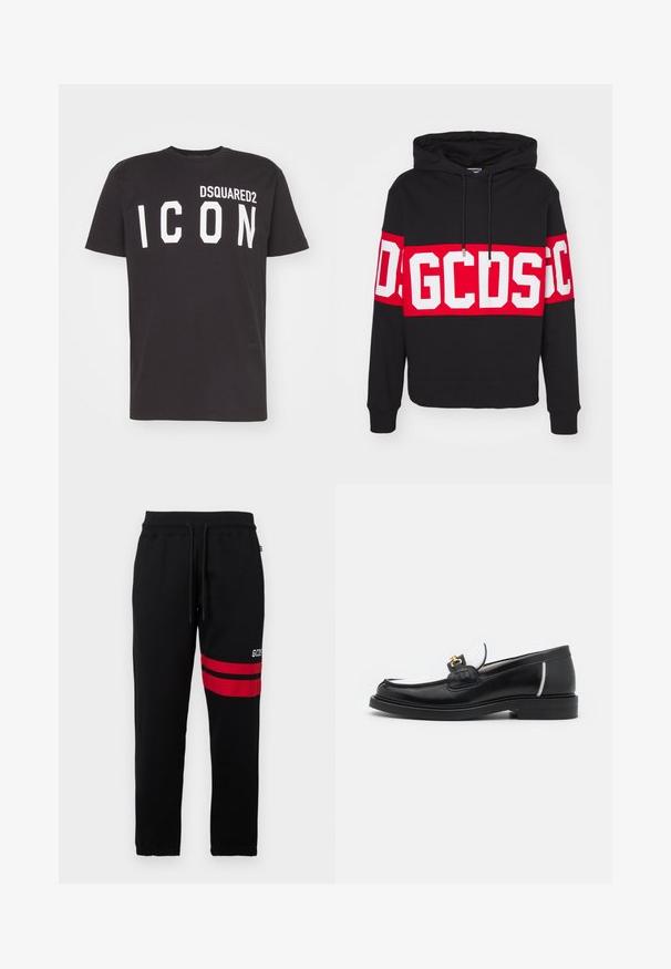 Black hoodie with a large red band featuring white block letters. Includes a drawstring hood and ribbed cuffs. Cotton blend material.; Black cotton T-shirt featuring a crew neck and short sleeves, with "DSQUARED2 ICON" printed in bold white letters on the front.; Black sweatpants with contrast red stripes and logo on the side. Features an elastic waistband with drawstring and tapered ankle cuffs.; Black leather loafer with a rounded toe, white accents, and gold hardware on the vamp. Features a textured patch and stacked heel.