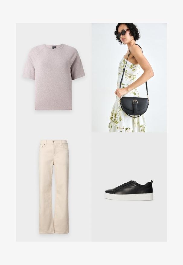 Svetlo béžové tričko s krátkym rukávom vyrobené z mäkkej, štruktúrovanej tkaniny, s okrúhlym výstrihom a raglánovými rukávmi.; Béžové džínsy s širokými nohavicami a klasickým dizajnom s piatimi vreckami, so zapínaním na gombík a zips a mäkkou, textúrovanou bavlnenou tkaninou.; Čierne nízke kožené tenisky s čiernymi šnúrkami a bielou hrubou gumovou podrážkou, zobrazené z vonkajšej strany na bielom pozadí.; Čierna kožená kabelka s zaobleným tvarom, odnímateľným popruhom a zlatými doplnkami. Kabelka má klopu s detailom s prackou.