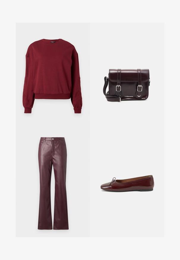 Burgundy långärmad sweatshirt med rund halsringning, ribbade ärmslut och nederkant, prydd med diskret blomsterbroderi på ärmarna.; Vinröda fusk läderbyxor med utsvängda ben, slät textur, framfickor och en metallknapp vid midjan.; Burgunderfärgad lackläderballettskor med rund tå, liten rosettdekoration fram och en låg, svart gummisula. Slät textur.; Burgundy lackläder crossbody-väska med rektangulär form, två remmar, silverfärgad hårdvara och klaffstängning.