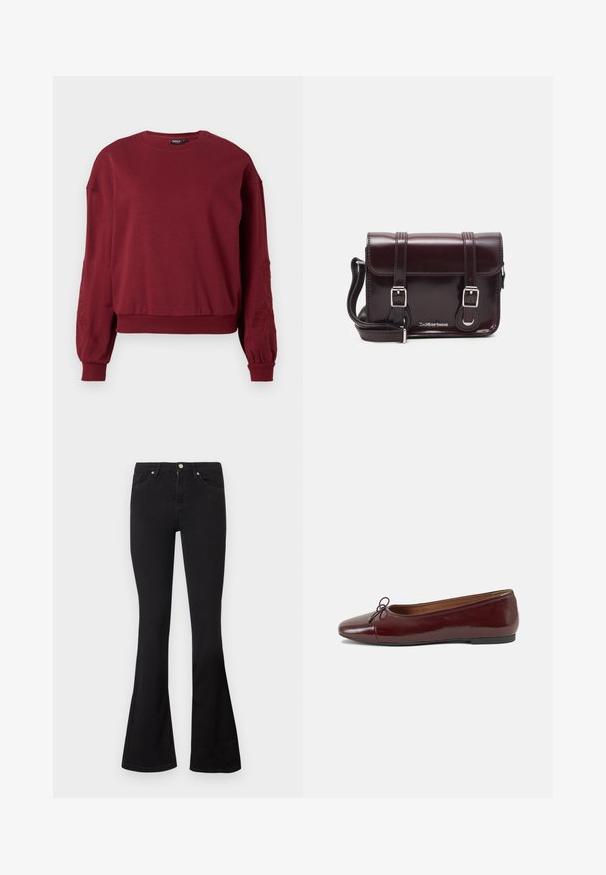 Burgundy long-sleeve sweatshirt with crew neck, ribbed cuffs and hem, featuring subtle floral embroidery on the sleeves.; Black high-waist denim jeans with five pockets and flared legs, displayed against a plain white background.; Burgundy patent leather ballet flat with a rounded toe, small bow accent at the front, and a low, black rubber sole. Smooth texture.; Burgundy patent leather crossbody bag with a rectangular shape, two straps, silver hardware, and a flap closure.