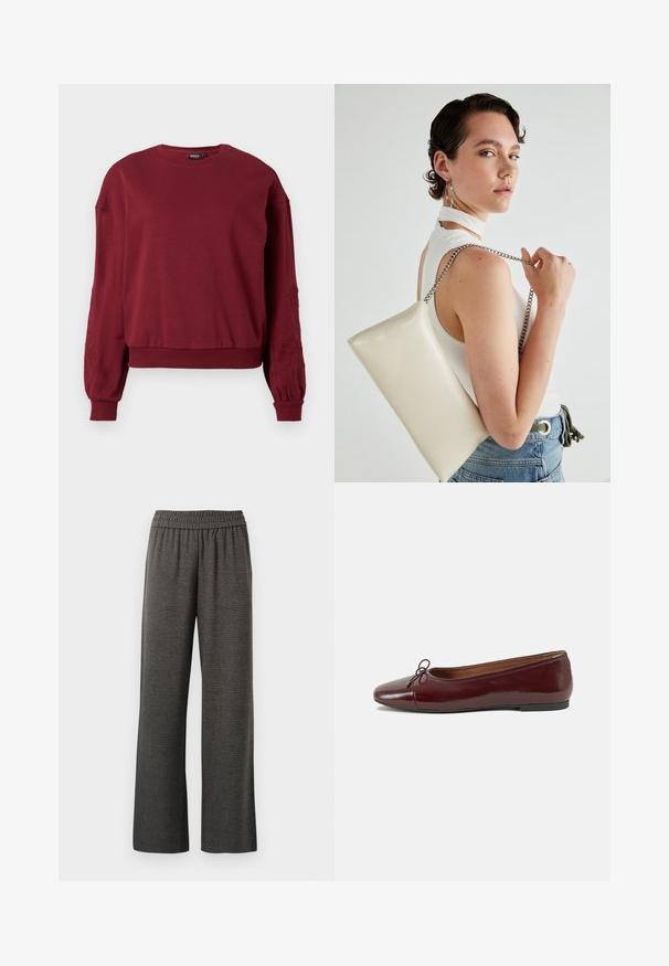 Burgunder langermet genser med rund hals, ribbestrikkede mansjetter og nederkant, med subtil blomsterbroderi på ermene.; Grå vide bukser med teksturert stoff, med elastisk midjebånd og uten lommer, designet for komfort og bevegelsesfrihet.; Burgunderrød lakk lær ballettleilighet med rund tå, liten sløyfe foran og en lav, svart gummisåle. Glatt tekstur.; Hvit rektangulær clutch-veske laget av blankt materiale, med en sølvkjede-stropp. Modellen poserer og viser vesken mot en ensfarget bakgrunn.
