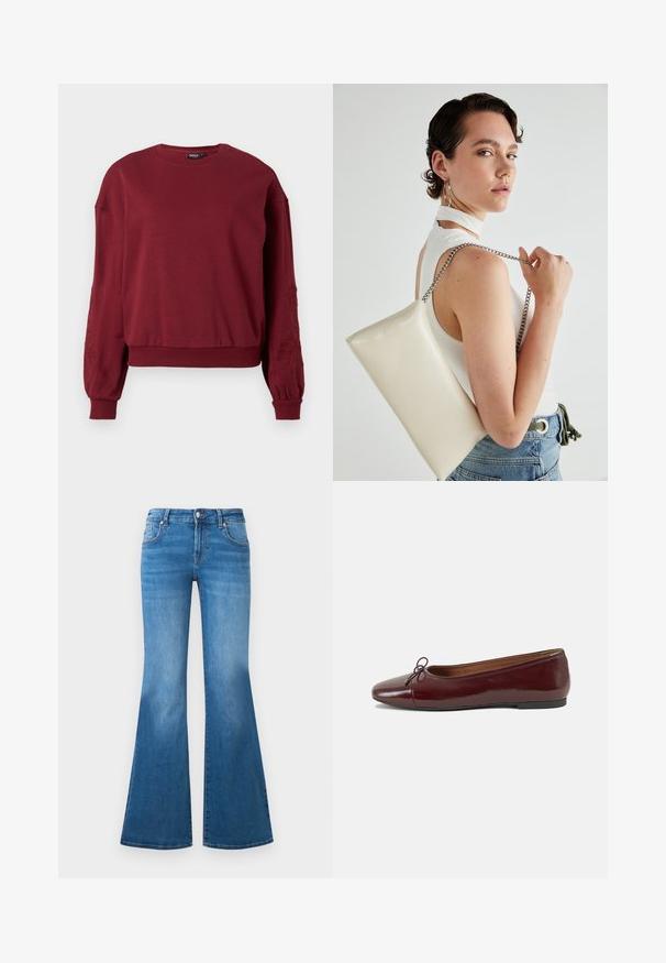 Burgundské dlho rukávové tričko so širokým výstrihom, rebrovanými manžetami a lemom, s jemnou kvetinovou výšivkou na rukávoch.; Modré riflové džínsy s rozšírenými nohavicami a stredne vysokým pásom, majú päť vreciek a vyblednuté detaily na stehnách. Strieborné kovové akcenty na gombíkoch.; Burgundské lakované balerínky s okrúhlou špičkou, malou mašľou na prednej strane a nízkou čiernou gumovou podrážkou. Hladký povrch.; Biely obdĺžnikový kabelka z lesklého materiálu s strieborným reťazovým popruhom. Model predvádza kabelku na jednotnom pozadí.