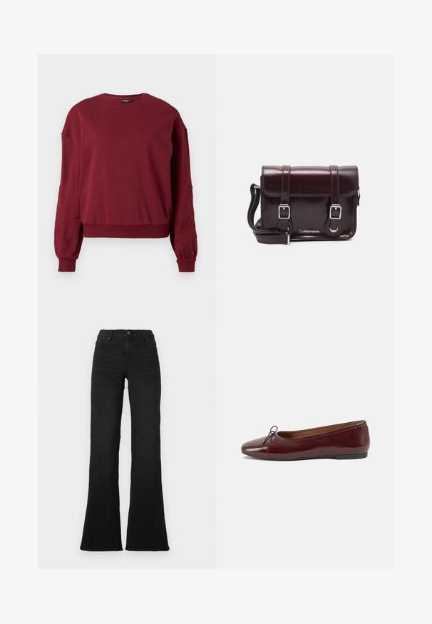 Burgunderfarbener Langarm-Sweatshirt mit Rundhalsausschnitt, gerippten Bündchen und Saum, das dezente florale Stickereien an den Ärmeln aufweist.; Schwarze hochgeschnittene Schlagjeans mit vorderen Taschen, Gürtelschlaufen und Knopfverschluss vor einem weißen Hintergrund.; Burgunderfarbenes, lackiertes Ballettschuh mit abgerundetem Zehenbereich, kleiner Schleifenakzent vorne und einer niedrigen, schwarzen Gummisohle. Glatte Textur.; Burgunderfarbene Patelleder-Crossbody-Tasche mit rechteckiger Form, zwei Riemen, silberfarbener Hardware und einem Klappenverschluss.