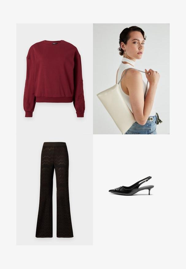 Burgundska dolga majica s dolgimi rokavi in okroglim vratom, z rebrom na manšetah in ob robu, opremljena z diskretno cvetlično vezenino na rokavih.; Široke črne hlače z zigzag pletenim vzorcem in elastičnim pasom, prikazane na enobarvni beli podlagi.; Črne usnjene slingback pete z izostrenim nosom, majhno mačje peto in okrasno vozličasto podrobnostjo na sprednjem delu. Gladka tekstura po celotni površini.; Bela pravokotna torbica za ključe iz sijajnega materiala, opremljena s srebrno verižico. Model pozira in prikazuje torbico na enobarvni podlagi.