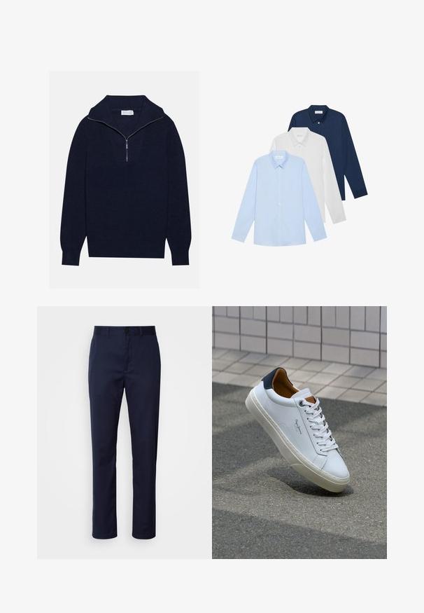 Tengerészkék kötött pulóver félcipzáros gallérral, bordás textúrával és V-alakú mintával az elején. Hosszú ujjú és testhez simuló szegéllyel rendelkezik.; Három hosszúujjú ing: világoskék, fehér és tengerészkék. Mindegyik klasszikus galléros és gombos előlapi, sima anyagból készült.; Három darab fehér pamut ujjatlan felső, kerek nyakkivágással, sima tapintással és standard szabással.; Sötétkék, pamut keverékből készült nadrág. Egyenes lábú, övbújtatóval ellátott derékrésszel és elülső gombos záródással rendelkezik.; Fehér bőr sneaker sötétkék sarkúval, kerek orral és kontrasztos barna részletekkel. Lapított fűzőkkel és textúrált gumitalppal rendelkezik.