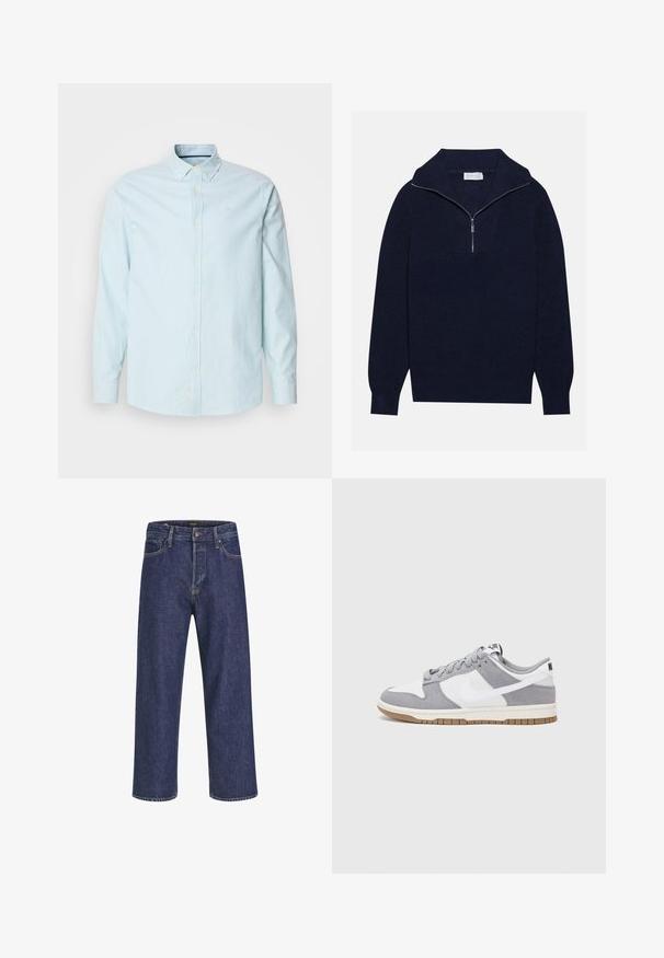Dunkelblaues Strickpullover mit einem halben Reißverschluss-Kragen, der eine gerippte Textur und ein V-förmiges Design auf der Vorderseite bietet. Lange Ärmel und taillierter Saum.; Hellblaues Button-Down-Hemd mit schmalen weißen Streifen, langen Ärmeln und klassischem Kragen. Enthält ein kleines Logo auf der Brust.; Dunkelblaue Denim-Jeans mit geradem Schnitt, Fünf-Taschen-Design, Metallknopfverschluss und kontrastierenden Nähten, die eine dezente Textur aufweisen.; Graue und weiße Sneaker mit einem Obermaterial aus Wildleder und Leder, abgerundeter Spitze, flachen Schnürsenkeln und einer Gummisohle mit einem Kautschukakzent.