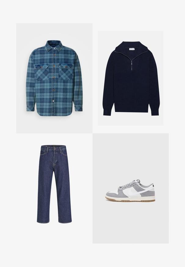 Dunkelblaues Strickpullover mit einem halben Reißverschluss-Kragen, der eine gerippte Textur und ein V-förmiges Design auf der Vorderseite bietet. Lange Ärmel und taillierter Saum.; Blaues Flanellhemd mit kariertem Muster in verschiedenen Blautönen, mit durchgehender Knopfleiste, Kragen und zwei Brusttaschen.; Dunkelblaue Denim-Jeans mit geradem Schnitt, Fünf-Taschen-Design, Metallknopfverschluss und kontrastierenden Nähten, die eine dezente Textur aufweisen.; Graue und weiße Sneaker mit einem Obermaterial aus Wildleder und Leder, abgerundeter Spitze, flachen Schnürsenkeln und einer Gummisohle mit einem Kautschukakzent.