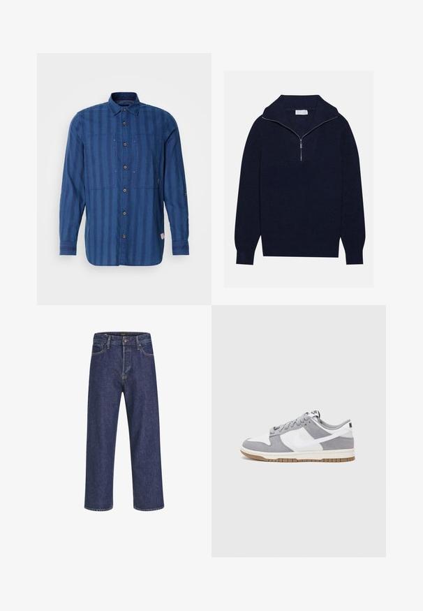Námorně modrý pletený svetr s polo zipem na límci, s vroubkovanou texturou a V-šikmým designem na přední straně. Dlouhé rukávy a přiléhavý lem.; Modrá pruhovaná košile s dlouhým rukávem vyrobená z měkké tkaniny, s knoflíkovým zapínáním vpředu, dvěma náprsními kapsami a klasickým límečkem.; Tmavě modré džíny z denimu se rovný střih, designem na pět kapes, kovovým zapínáním a kontrastním šitím, s jemnou texturou.; Šedé a bílé tenisky s svrškem z jemné kůže a kůže, kulatou špičkou, plochými tkaničkami a gumovou podrážkou s akcentem v barvě gumy.