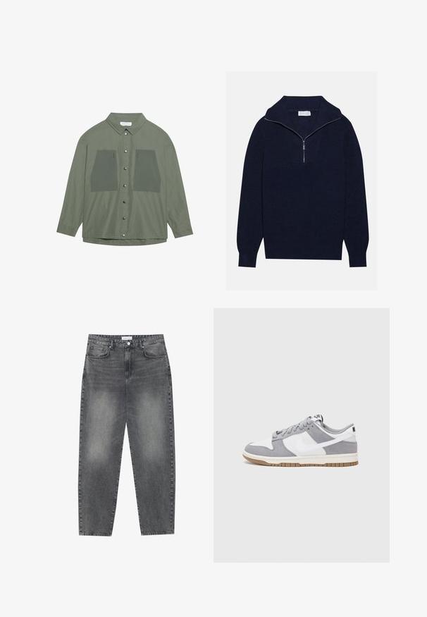 Merseyblu flettefleece med halv glidelås i kragen, med ribbestruktur og et V-formet design på forsiden. Lange ermer og tettsittende hem.; Oliivivihreä napitettava paita, joka on valmistettu kevyestä kankaasta. Siinä on kaksi suurta rintataskua, hopeiset nepparipainikkeet, pitkät hihat ja klassinen kaulus.; Korkeavyötäröiset, väljät farkut haalistuneesta mustasta denimestä. Ominaisuuksiin kuuluu viisi taskua, vyölenkit ja siisti, suora lahjetyyli.; Harmaa ja valkoinen lenkkari, jossa on mokka- ja nahkapinta, pyöreä kärki, litteät nauhat ja kumipohja, jossa on vaahtomuoviväri.