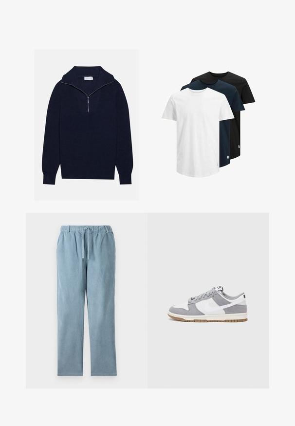 Dunkelblaues Strickpullover mit einem halben Reißverschluss-Kragen, der eine gerippte Textur und ein V-förmiges Design auf der Vorderseite bietet. Lange Ärmel und taillierter Saum.; Drei kurzärmelige T-Shirts in Weiß, Dunkelblau und Schwarz. Hergestellt aus Baumwolle, mit Rundhalsausschnitt und geradem Saum. Einfaches Design, ohne Muster.; Hellblaue Cordhosen mit elastischem Bund, Kordelzug, geradem Bein und gerippter Textur. Keine sichtbaren Taschen.; Graue und weiße Sneaker mit einem Obermaterial aus Wildleder und Leder, abgerundeter Spitze, flachen Schnürsenkeln und einer Gummisohle mit einem Kautschukakzent.