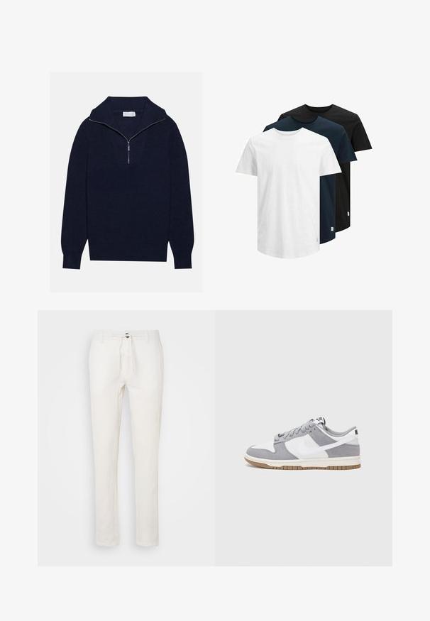 Navy blue knit sweater with a half-zip collar, featuring ribbed texture and a V-shaped design on the front. Long sleeves and fitted hem.; Three short-sleeve T-shirts in white, dark navy, and black. Made from cotton, featuring a crew neck and straight hem. Simple design, no patterns.; White linen trousers with a drawstring waist, straight leg design, and subtle texture. No visible pockets or patterns.; Gray and white sneaker with a suede and leather upper, rounded toe, flat laces, and a rubber sole featuring a gum accent.