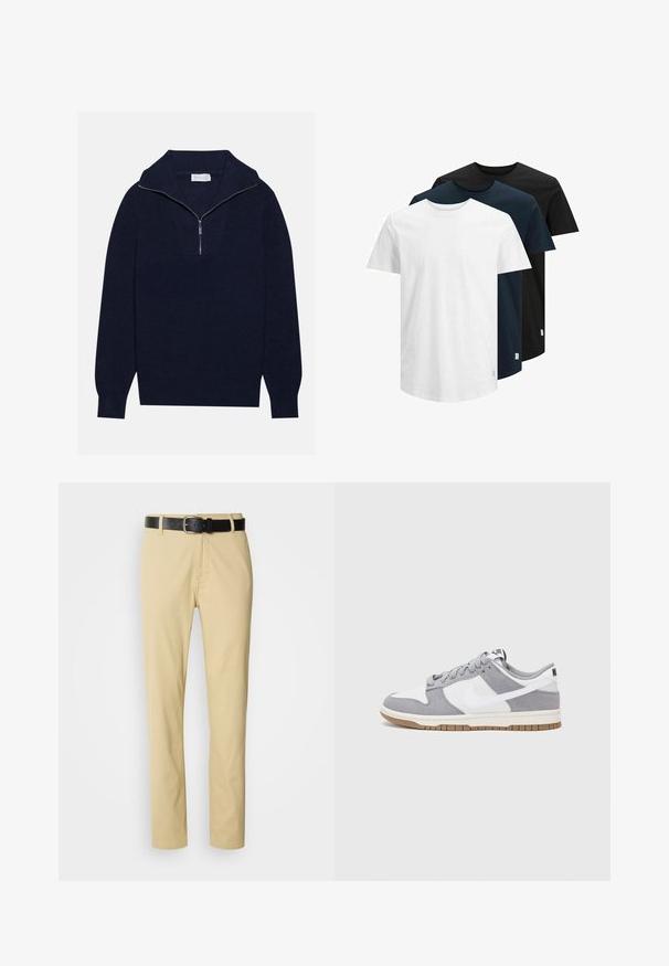 Navy blue knit sweater with a half-zip collar, featuring ribbed texture and a V-shaped design on the front. Long sleeves and fitted hem.; Three short-sleeve T-shirts in white, dark navy, and black. Made from cotton, featuring a crew neck and straight hem. Simple design, no patterns.; Beige cotton trousers with a straight-leg design, secured by a black leather belt featuring a silver buckle.; Gray and white sneaker with a suede and leather upper, rounded toe, flat laces, and a rubber sole featuring a gum accent.