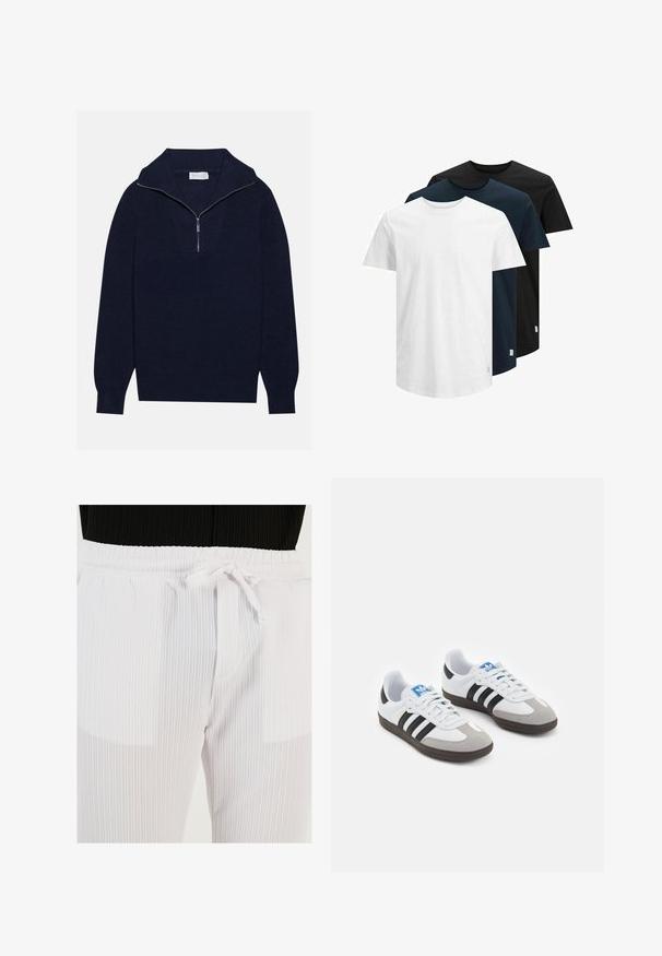 Mørkeblå striktrøje med halvlukket krave, med ripet tekstur og et V-formet design på forsiden. Lange ærmer og tætsiddende kanten.; Tre kortærmede T-shirts i hvid, mørk navy og sort. Lavet af bomuld, med rund hals og lige kant. Simpelt design, ingen mønstre.; Buratti Bukser - white; Sportsko med en overdel i hvid læder, grå ruskind på tåen og tre sorte striber. Har et blåt logo på tungen og en struktureret gummisål.