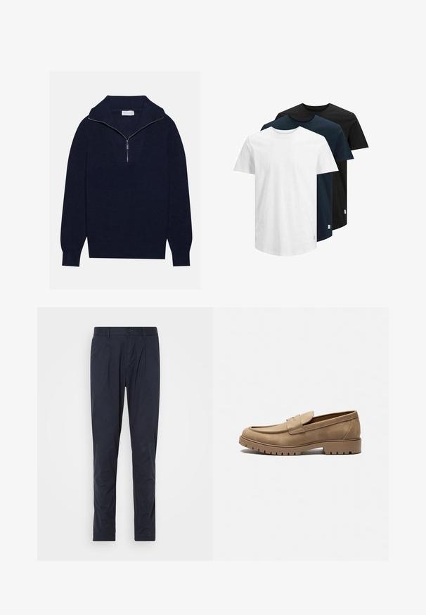 Mörkblå stickad tröja med halvdragkedja i kragen, med ribbad textur och ett V-format mönster på framsidan. Långa ärmar och figursydd nederkant.; Tre kortärmade T-shirts i vitt, mörk marinblått och svart. Tillverkade av bomull, med rund halsringning och rak nederkant. Enkelt design, utan mönster.; Marinblå byxor med en slät textur, veckad framsida och knäppning. Resårmidja för extra komfort och passform.; Tan mockaskinn loafers med rund tå, platt gummisula och dekorativ sömnad på ovansidan. Har en slip-on-design utan snörning.