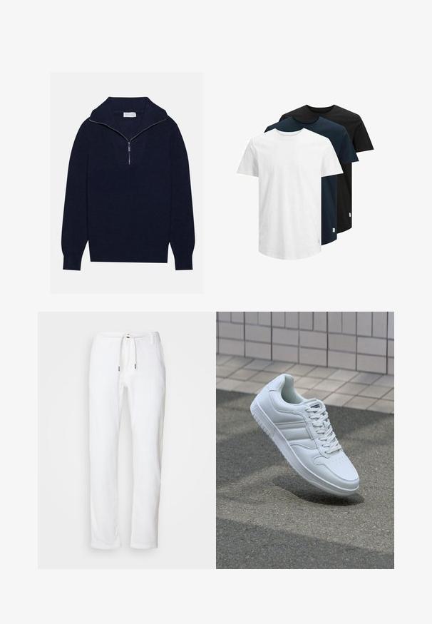 Mornarčasto plavi pleteni pulover s polu-zip ovratnikom, s rebrastom teksturom i dizajnom u obliku slova V na prednjoj strani. Dugi rukavi i prilagođeni rub.; Tri kratka rukava majice u bijeloj, tamnoplavoj i crnoj boji. Napravljene od pamuka, s okruglim izrezom i ravnim rubom. Jednostavan dizajn, bez uzoraka.; Bijele platnene hlače opuštenog kroja, s remenom na vezanje i suptilnom teksturom. Imaju ravne nogavice i metalne vrhove na remenu.; Bijela atletska tenisica s glatkim kožnim gornjim dijelom, vezanjem sprijeda, perforiranim vrhom i uzorkovanim đonom. Minimalistički dizajn s tri bočne pruge.