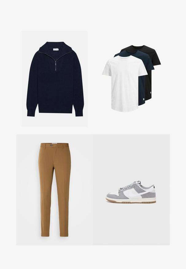 Suéter de malha azul-marinho com colarinho de meia zip, apresentando textura canelada e um design em forma de V na parte da frente. Mangas longas e bainha ajustada.; Três camisetas de manga curta em branco, azul escuro e preto. Feitas de algodão, com decote redondo e barra reta. Design simples, sem padrões.; Calças ajustadas castanhas com corte reto, apresentando um fecho de correr frontal, fecho de botão e dois bolsos laterais para funcionalidade.; Sapatilha cinza e branca com um cabedal em camurça e couro, biqueira arredondada, atacadores planos e sola de borracha com um detalhe em boracha.