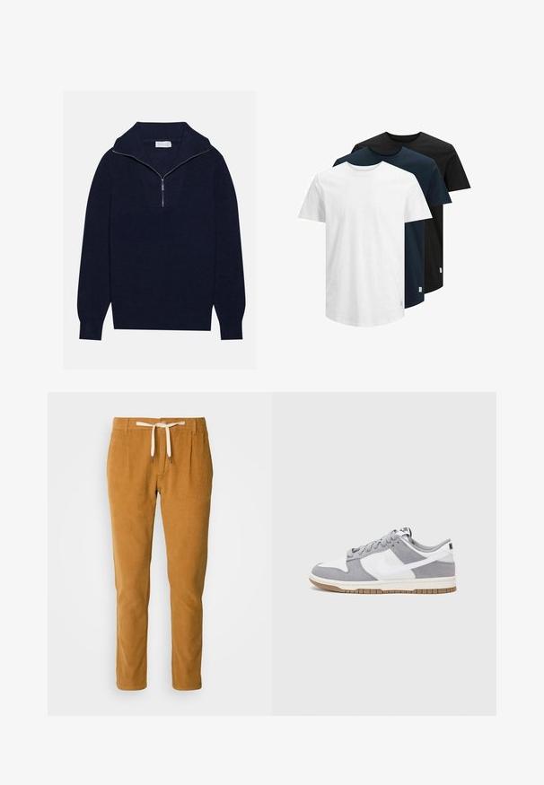 Granatowy sweter wełniany z połową suwaka, z prążkowaną fakturą i V-kształtnym wzorem z przodu. Długie rękawy i dopasowany dół.; Trzy koszulki z krótkim rękawem w kolorze białym, ciemnym granatowym i czarnym. Wykonane z bawełny, z okrągłym dekoltem i prostym dołem. Prosty design, bez wzorów.; Spodnie sztruksowe w kolorze camel z teksturowanym wykończeniem, z elastycznym paskiem i zwężanymi nogawkami.; Szare i białe trampki z zamszową i skórzaną cholewą, okrągłym noskiem, płaskimi sznurówkami i gumową podeszwą z akcentem w kolorze gumy.