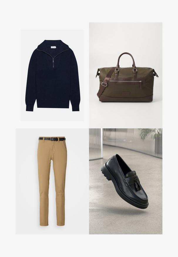 Tamsiai mėlynas megztinis su pusiau užtrauktuku, su įribuoto paviršiaus tekstūra ir V formos dizainu priekyje. Ilgos rankovės ir prigludęs apatinis kraštas.; Trys trumpinių rankovėmis marškiniai: balti, tamsiai mėlyni ir juodi. Pagaminti iš medvilnės, turi apvalią iškirptę ir tiesų kraštą. Paprastas dizainas, jokių raštų.; Chaki kelnės, turinčios liekną siluetą, pagamintos iš lygaus audinio. Savybės: juodas diržas, dvi priekinės kišenės ir tiesios kojos kirpimas.; Juodi odiniai bateliai be užsegimo su lygiu paviršiumi, dekoratyvine kutu, stora guminė pado danga ir siūtais akcentais. Lengvi ir elegantiško dizaino.; Olivinės žalios drobės sportinė kuprinė su rudos odos akcentais, turinti dvi rankenas, nuimamą peties diržą ir priekinį užtrauktuko kišenę.