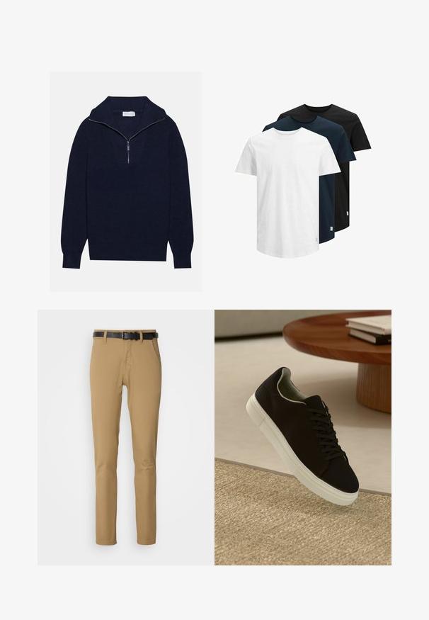 Mornarsko modra pletena pulover s polovico zadrge, ki se ponaša z rebrasto strukturo in V-obliko na sprednji strani. Dolgi rokavi in prilagojen rob.; Tri kratkoslečne majice v beli, temno modri in črni barvi. Narejene iz bombaža, z okroglo ovratnikom in ravnim robom. Preprost dizajn, brez vzorcev.; Kakhi hlače s slim fit oblikovanjem, izdelane iz gladkega blaga. Imajo črn pas, dva sprednja žepa in ravno krojen nogavici.; Črni športni copat z belim podplatom lebdi nad bež teksturiranim preprogam blizu okroglega lesenega mize z zloženimi knjigami.