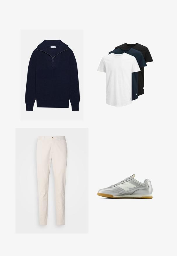 Navy blue knit sweater with a half-zip collar, featuring ribbed texture and a V-shaped design on the front. Long sleeves and fitted hem.; Three short-sleeve T-shirts in white, dark navy, and black. Made from cotton, featuring a crew neck and straight hem. Simple design, no patterns.; Scotch & Soda SEASONAL CORE STUART - Chinos - highway grey; Silver athletic shoe with a smooth, shiny surface, white logo on the side, textured gray laces, and a gum rubber sole.