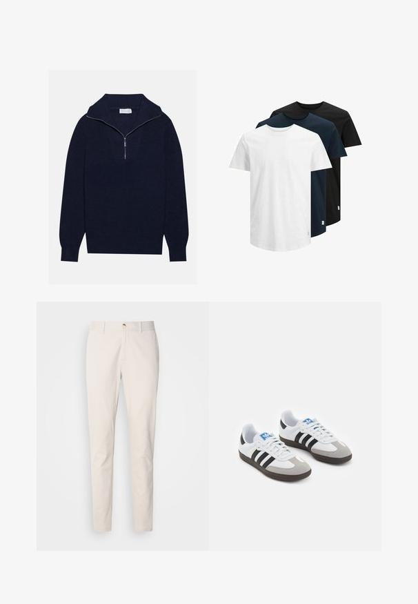 Navy blue knit sweater with a half-zip collar, featuring ribbed texture and a V-shaped design on the front. Long sleeves and fitted hem.; Three short-sleeve T-shirts in white, dark navy, and black. Made from cotton, featuring a crew neck and straight hem. Simple design, no patterns.; Scotch & Soda SEASONAL CORE STUART - Chinos - highway grey; Sport shoes with a white leather upper, gray suede toe, and three black stripes. Features a blue logo on the tongue and a textured rubber sole.