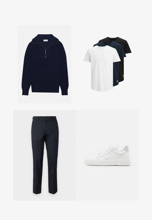 Mornarčasto plavi pleteni pulover s polu-zip ovratnikom, s rebrastom teksturom i dizajnom u obliku slova V na prednjoj strani. Dugi rukavi i prilagođeni rub.; Tri kratka rukava majice u bijeloj, tamnoplavoj i crnoj boji. Napravljene od pamuka, s okruglim izrezom i ravnim rubom. Jednostavan dizajn, bez uzoraka.; Mornarsko plave hlače od pamuka s ravnim krojem, prednjim džepovima i kopčanjem na dugme. Glatka tekstura, bez vidljivih uzoraka.; Bijele kožne tenisice s glatkom površinom, okruglim vrhom, ravnim vezicama i strukturiranom potplatom. Sivi antilop naglasak na peti.