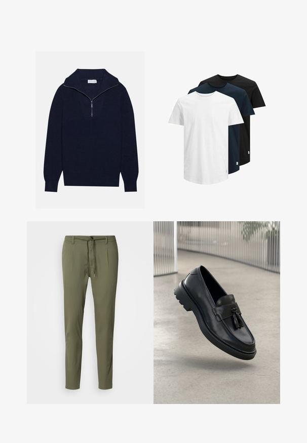 Ναυτικά μπλε πλεκτό πουλόβερ με μισό φερμουάρ στον γιακά, με ριγέ υφή και σχέδιο σε σχήμα V στο μπροστινό μέρος. Μακριά μανίκια και εφαρμοστό τελείωμα.; Τρία κοντομάνικα μπλουζάκια σε λευκό, σκοτεινό ναυτικό και μαύρο χρώμα. Φτιαγμένα από βαμβάκι, με στρογγυλή λαιμόκοψη και ευθεία ραφή. Απλός σχεδιασμός, χωρίς μοτίβα.; Ελαιοπράσινα παντελόνια φτιαγμένα από ελαφρύ ύφασμα, με ρυθμιζόμενη μέση, δύο μπροστινές πιέτες και κωνικό κόψιμο. Λείος υφάσματος.; Μαύρα δερμάτινα μοκασίνια με λείο φινίρισμα, διακοσμητική φούντα, παχιά καουτσούκ σόλα και ραμμένες λεπτομέρειες. Ελαφρύ και κομψό σχέδιο.