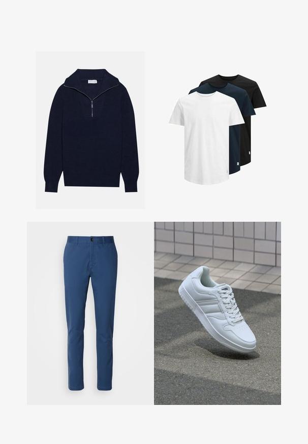 Maglione a maglia blu navy con colletto a mezza zip, caratterizzato da una texture a coste e un design a forma di V nella parte anteriore. Maniche lunghe e orlo aderente.; Tre t-shirt a maniche corte in bianco, blu navy scuro e nero. Realizzate in cotone, con colletto tondo e orlo dritto. Design semplice, senza motivi.; Chinos in cotone blu navy con una vestibilità slim; presentano una vita standard, tasche anteriori e una chiusura a un solo bottone. Texture morbida.; Sneaker sportivo bianco con tomaia in pelle liscia, chiusura con lacci, punta perforata e suola decorata. Design minimalista con tre strisce laterali.