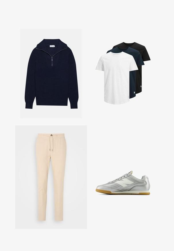 Pull en maille bleu marine avec un col zippé à moitié, présentant une texture côtelée et un design en V sur le devant. Manches longues et ourlet ajusté.; Trois T-shirts à manches courtes en blanc, bleu marine foncé et noir. Fabriqués en coton, avec un col rond et un ourlet droit. Design simple, sans motifs.; Pantalons beige fuselés en tissu doux, dotés d'une taille élastique avec cordon de serrage et d'une poche avant. Texture lisse et design subtil.; Chaussure de sport argentée avec une surface lisse et brillante, logo blanc sur le côté, lacets gris texturés et semelle en caoutchouc gomme.