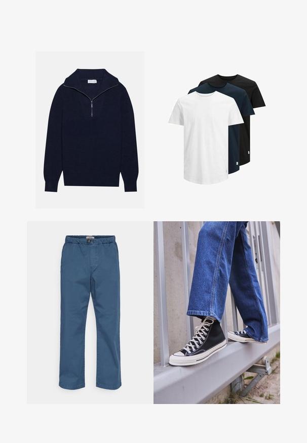 Marineblå strikkegenser med halv-zip krage, med ribbet tekstur og et V-formet design på forsiden. Lange ermer og tettsittende kant.; Tre kortermede T-skjorter i hvit, mørk marineblå og svart. Laget av bomull, med rund hals og rett skjæring. Enkelt design, uten mønstre.; Chinobukser i mørkeblå bomull. Har elastisk midjebånd, rette ben og en jevn tekstur. Ingen synlige mønstre eller dekorasjoner.; Svarte høy-hælte joggesko med hvit såle og snøring, paired med løse blå denim-jeans, hvilende på et grått rekkverk.