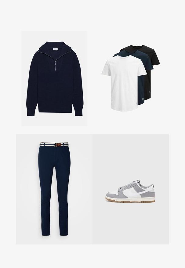 Merseyblu flettefleece med halv glidelås i kragen, med ribbestruktur og et V-formet design på forsiden. Lange ermer og tettsittende hem.; Kolme lyhythihaista T-paitaa valkoisena, tummana laivastonsinisenä ja mustana. Valmistettu puuvillasta, neljänneskauluksella ja suoraan helman leikkauksella. Yksinkertainen muotoilu, ei kuvioita.; Siniset puuvillahousut, joissa on kapea malli, kontrastivärinen raidallinen vyötärönauha ja ruskea nahkavyö.; Niken tennarit on valmistettu harmaasta mokkanahasta ja valkoisesta nahasta, joissa on rei'itykset, pyöreät nauhat ja kumipohja pitoon.