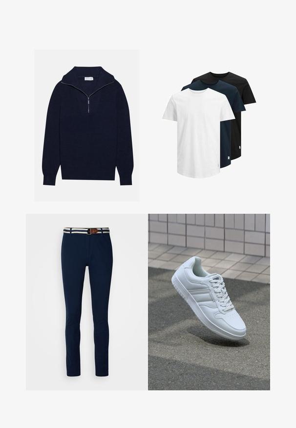 Maglione a maglia blu navy con colletto a mezza zip, caratterizzato da una texture a coste e un design a forma di V nella parte anteriore. Maniche lunghe e orlo aderente.; Tre t-shirt a maniche corte in bianco, blu navy scuro e nero. Realizzate in cotone, con colletto tondo e orlo dritto. Design semplice, senza motivi.; Pantaloni blu navy in cotone con vestibilità slim, caratterizzati da una cintura a righe in contrasto e una cintura in pelle marrone.; Sneaker sportivo bianco con tomaia in pelle liscia, chiusura con lacci, punta perforata e suola decorata. Design minimalista con tre strisce laterali.