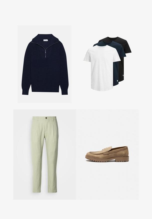 Pull en maille bleu marine avec un col zippé à moitié, présentant une texture côtelée et un design en V sur le devant. Manches longues et ourlet ajusté.; Trois T-shirts à manches courtes en blanc, bleu marine foncé et noir. Fabriqués en coton, avec un col rond et un ourlet droit. Design simple, sans motifs.; Pantalons en lin vert clair avec une coupe droite, présentant une fermeture à bouton sur le devant, deux poches avant et une texture lisse.; Mocassins en daim beige avec un bout arrondi, semelle en caoutchouc plate et coutures décoratives sur la tige. Dispose d'un design à enfiler sans lacets.