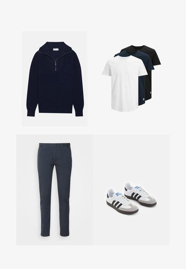 Pull en maille bleu marine avec un col zippé à moitié, présentant une texture côtelée et un design en V sur le devant. Manches longues et ourlet ajusté.; Trois T-shirts à manches courtes en blanc, bleu marine foncé et noir. Fabriqués en coton, avec un col rond et un ourlet droit. Design simple, sans motifs.; Chinos bleu marine en coton léger, à coupe droite, avec fermeture à bouton et poches avant. Texture lisse avec un minimum de détails.; Baskets avec une tige en cuir blanc, un bout en daim gris et trois bandes noires. Présente un logo bleu sur la languette et une semelle en caoutchouc texturée.