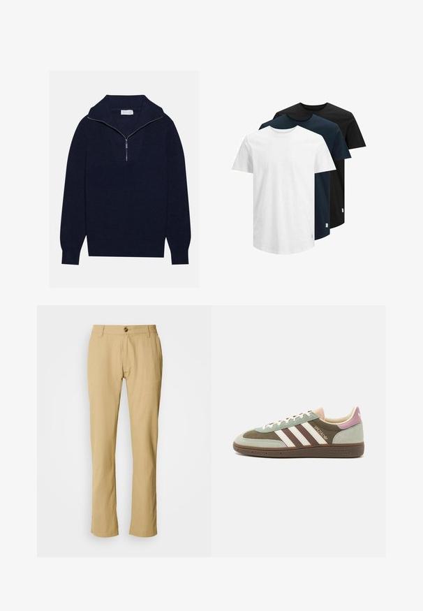 Navy blue knit sweater with a half-zip collar, featuring ribbed texture and a V-shaped design on the front. Long sleeves and fitted hem.; Three short-sleeve T-shirts in white, dark navy, and black. Made from cotton, featuring a crew neck and straight hem. Simple design, no patterns.; Beige trousers featuring a straight-leg cut, button closure, and subtle fabric texture. No patterns or additional hardware visible.; Suede and textile sneaker in green, brown, and beige with three white stripes. Features a light pink accent on the heel and textured outsole.