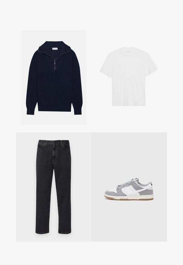 Tumed sinise kudumisega sviiter poole luku kaelusega, mis sisaldab ribakujulist tekstuuri ja V-kujulist disaini esiosas. Pikad varrukad ja kitsasäär.; Valge puuvillane T-särk lühikeste varrukatega, klassikalise ümarika kaelusega ja sirge allääriga. Sile tekstuur, minimalistlik disain, ilma mustrite või accsentideta.; Mustad sirgedega teksad, millel on esikotid, vöökohad ja nupuga sulgur, esitatud valge tausta ees.; Halli ja valge tennis鞋, millel on nubuk- ja nahkdetailid, ümar varvas, lamedad nöörid ning kummist tald, millel on kola aktsent.