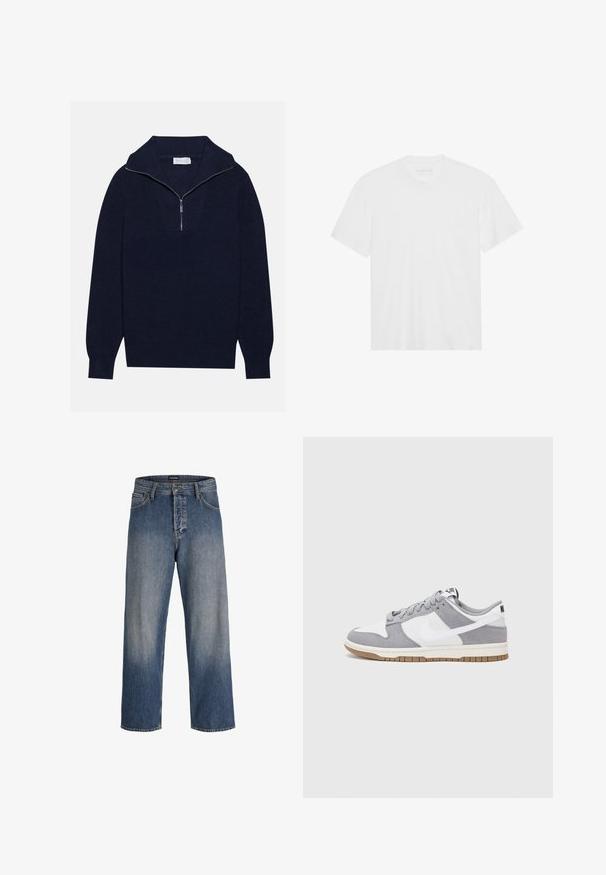 Merseyblu flettefleece med halv glidelås i kragen, med ribbestruktur og et V-formet design på forsiden. Lange ermer og tettsittende hem.; Valkoinen puuvillainen t-paita lyhyillä hihoilla, pyöreällä kaula-aukolla ja suoralla helmalla. Tasainen pinta, minimalistiinen muotoilu ilman kuvioita tai korostuksia.; Siniset farkut, joissa on väljät leikkaukset, haalistunut kuviointi, viisi taskua, vyölenkit sekä napitettu ja vetskari-kiinnitys.; Harmaa ja valkoinen lenkkari, jossa on mokka- ja nahkapinta, pyöreä kärki, litteät nauhat ja kumipohja, jossa on vaahtomuoviväri.