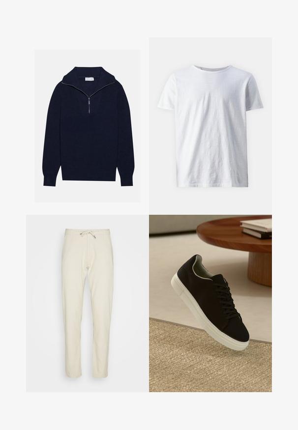 Marineblå strikkegenser med halv-zip krage, med ribbet tekstur og et V-formet design på forsiden. Lange ermer og tettsittende kant.; Hvit kortermet t-skjorte laget av lett materiale. Rund hals med jevn tekstur og ingen synlige mønstre eller detaljer.; Beige bukser laget av lett stoff, med snor i livet, tettsittende passform, og rette ben med en jevn tekstur.; Svart sneakers med hvit såle som svever over en beige teksturert teppe nær et rundt trebord med stablede bøker.