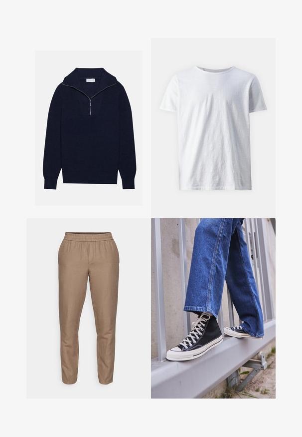 Tamsiai mėlynas megztinis su pusiau užtrauktuku, su įribuoto paviršiaus tekstūra ir V formos dizainu priekyje. Ilgos rankovės ir prigludęs apatinis kraštas.; Balti trumpas rankovės marškinėliai, pagaminti iš lengvo audinio. Apvalus kaklas su glotniu paviršiumi ir jokiomis matomomis raštais ar akcentais.; Rudos, lengvi lininiai kelnes su elastingu juosmeniu, siaurėjantys kojų dizainu ir lygiu paviršiumi. Nėra matomų kišenių ar dekoracijų.; Juodi aukšti sportiniai bateliai su baltu padu ir raišteliais, derinami su laisvai krentančiais mėlynais džinsais, atremti į pilką turėklą.