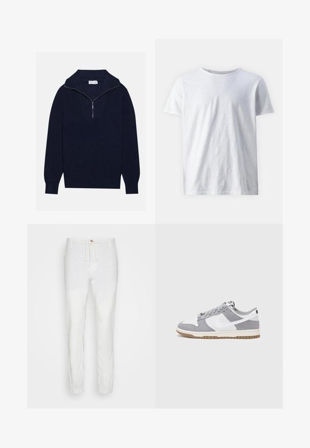 Merseyblu flettefleece med halv glidelås i kragen, med ribbestruktur og et V-formet design på forsiden. Lange ermer og tettsittende hem.; Valkoinen lyhythihainen t-paita, joka on valmistettu kevyestä kankaasta. Pyöreä kaula-aukko, jossa on sileä pinta ilman näkyviä kuvioita tai koristeita.; Valkoiset pellavahousut, joissa on joustava vyötärö ja naru. Kapeaksi muotoiltu malli, jossa joustavat resorit nilkoissa. Pehmeä rakenne, kevyt kangas.; Niken tennarit on valmistettu harmaasta mokkanahasta ja valkoisesta nahasta, joissa on rei'itykset, pyöreät nauhat ja kumipohja pitoon.