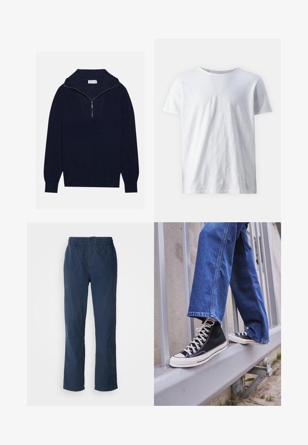 Navy blue knit sweater with a half-zip collar, featuring ribbed texture and a V-shaped design on the front. Long sleeves and fitted hem.; White short-sleeve t-shirt made of lightweight fabric. Round neckline with a smooth texture and no visible patterns or accents.; Navy blue pants with an elastic waistband and a button closure, straight-leg design, made from lightweight, smooth fabric, no visible patterns.; Black high-top sneakers with white sole and laces, paired with loose blue denim jeans, resting on a gray railing.