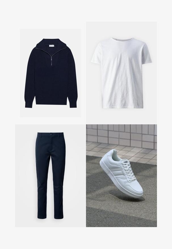 Námornícky modrý pletený sveter s polozipsom, s rebrovanou textúrou a V-tvarom na prednej strane. Dlhé rukávy a priliehavý lem.; Biela krátkozranná tričko z ľahkého materiálu. Hladký okrúhly dekolt bez viditeľných vzorov alebo akcentov.; Námorníckomodré bavlnené nohavice so rovný strihom, so zapínaním na gombík a kapsami. Hladká textura a minimálne dizajnové prvky.; Biele atletické tenisky s hladkým koženým zvrškom, šnurovaním vpredu, perforovanou špičkou a vzorovanou podrážkou. Minimalistický dizajn s tromi bočnými pruhmi.