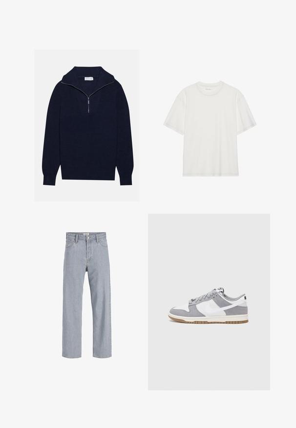 Tamsiai mėlynas megztinis su pusiau užtrauktuku, su įribuoto paviršiaus tekstūra ir V formos dizainu priekyje. Ilgos rankovės ir prigludęs apatinis kraštas.; Balta medvilninė marškinėliai trumpomis rankovėmis, apvaliu kaklu ir kontrastingos siuvimo detalės aplink kaklą ir rankoves.; Šviesiai mėlynos džinsinės kelnės su laisvu siluetu, tiesiomis kojomis, matomomis siūlėmis, dviem priekiniams kišenėmis ir mygtukų užtrauktuku.; Pilka ir balta sportinė avalynė su zomšiniu ir odiniu viršumi, suapvalintu pirštu, plokščiomis raištelėmis ir guminėmis padais su guminiu akcentu.
