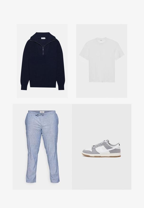 Marineblå strikkegenser med halv-zip krage, med ribbet tekstur og et V-formet design på forsiden. Lange ermer og tettsittende kant.; Hvit bomulls t-skjorte med korte ermer, rund hals og avslappet passform. Glatt tekstur og uten synlige mønstre eller detaljer.; Jack & Jones STACE JJBREEZE - Bukse - blue; Grå og hvite sneakers med overdel i semsket skinn og lær, rund tå, flate lisser, og gummisåle med gummibelegg.