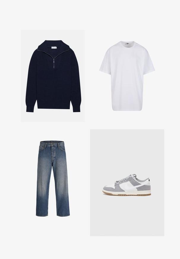 Tumed sinise kudumisega sviiter poole luku kaelusega, mis sisaldab ribakujulist tekstuuri ja V-kujulist disaini esiosas. Pikad varrukad ja kitsasäär.; Valge puuvillane t-särk lühikeste varrukatega, ümmarguse kaelusega, lõdva lõikega ja ilma nähtavate logodeta või mustriteta. Sile tekstuur ja minimaalne disain.; Sinine denim-stiilis vabaaja teksade komplekt, millel on lõdvestunud lõige, pleekinud disain, viis taskut, vöö kinnitamiseks aasad ning nööp ja tõmblukk.; Halli ja valge tennis鞋, millel on nubuk- ja nahkdetailid, ümar varvas, lamedad nöörid ning kummist tald, millel on kola aktsent.