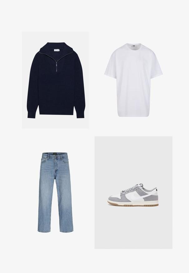 Granatowy sweter wełniany z połową suwaka, z prążkowaną fakturą i V-kształtnym wzorem z przodu. Długie rękawy i dopasowany dół.; Biała bawełniana koszulka z krótkimi rękawami, okrągłym dekoltem, luźnym krojem i bez widocznych logo lub wzorów. Gładka tekstura i minimalistyczny design.; Jasnoniebieskie dżinsy o wysokim stanie, prostym kroju nogawki, pięciu kieszeniach i guziku w pasie. Klasyczny kolor z minimalnym przetarciem.; Szare i białe trampki z zamszową i skórzaną cholewą, okrągłym noskiem, płaskimi sznurówkami i gumową podeszwą z akcentem w kolorze gumy.